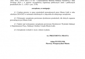 Zarządzenie prezydenta w sprawie przerwy w funkcjonowaniu przedszkola w wakacje.