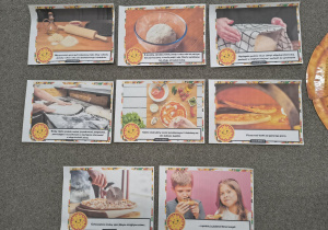 Zdjęcie przedstawiające ilustracje o etapach przygotowania pizzy.