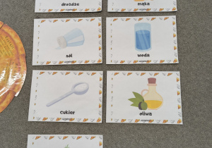 Zdjęcie przedstawiające ilustracje o składnikach potrzebnych do przygotowania pizzy.