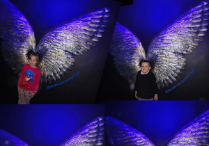 Kolaż zdjęć dzieci na tle skrzydeł.